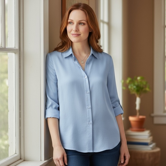 Sezane Tops - Sezane‎ Blue 100 Percent Silk Long Sleeve Shirt Collar ButtonUp Blouse Size 38